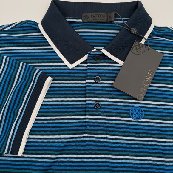 NWT G/FORE Cinque Terre Golf Polo Men’s S Blue Stripe Tech Pique Slim Fit Shirt - Picture 1 of 8